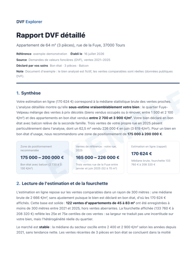 Première page d'un rapport DVF détaillé d'exemple